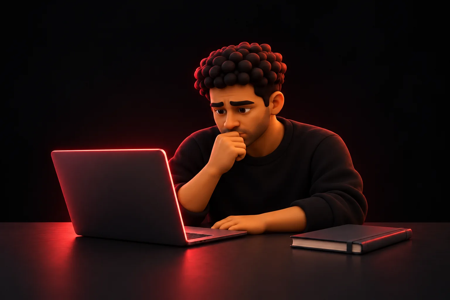 Alex looking concerned after a trading loss, with a muted red glow from his laptop.